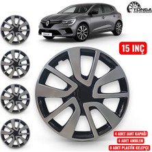 Yonga Oto Aksesuar Renault Megane 15 Inç Jant Kapağı 4'lü Set Siyah Gümüş + 4 Amblem + 8 Cırt Kelepçe