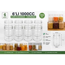 StepCo 6'lı 1 Litre Cam Kavanoz Kapaksız Çok Amaçlı Saklama ve Konserve Kavanozu