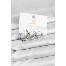 Esranın Dünyası Pirinç Gümüş Renk Zirkon Taşlı Petek Halka Model Ysx Trio Küpe Seti