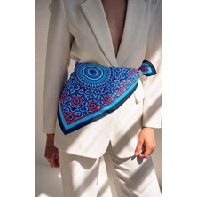 Ege Fular Şal Kadın Ipek Rayon Eşarp 90X90 cm Marakeş Mozaik Desenli Lacivert Turkuaz Fular Şal Karam Serisi