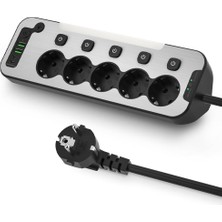 Valor Bağımsız Anahtarlı 5'li Işıklı Akım Korumalı Çoklu Priz 4000W, 2x USB - 2x Type-C Giriş, Metal Ön P