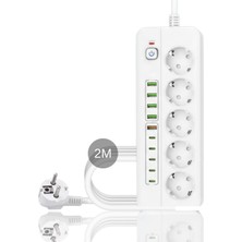 Valor Isıya Dayanıklı Power Tuşlu 5'li Grup Priz 5xusb 5x Type-C Çıkışlı Priz 2 mt Kablolu