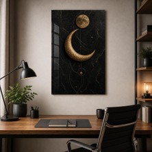 Altın Ay ve Yıldız Desenli Baskılı Cam Tablo – Siyah Mermer Uv Baskı Duvar Dekoru