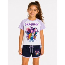 Vaxy Style Huntrix Rumi Mira Zoey Demon Hunters Anime Baskılı Kız Çocuk Tişört Şort Takımı Lila