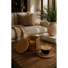 Naturel Dekor Rattan Kutulu 6'lı Bardak Altlığı Seti 10 Cm, Bohem, Modern, Bambu, Iskandinav