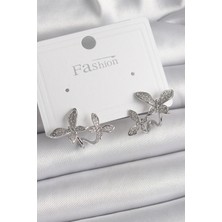 Armüz Pirinç Gümüş Renk Zirkon Taşlı Kelebek Model Kadın Küpe