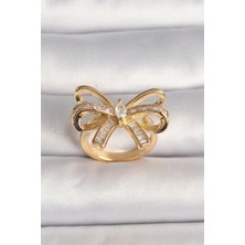 Armüz Pirinç Gold Renk Ayarlanabilir Zirkon Taşlı Kurdele Model Kadın Yüzük