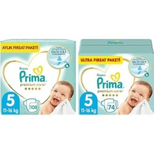 1001 Bebek Bezi Premium Care 5 Beden 108 Adet Junior Aylık Fırsat Paketi & Prima Bebek Bezi Premium Car