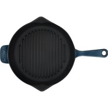 1001 Premium Serisi - Döküm Izgara Tavası, Yuvarlak, 28 Cm, Yekpare Saplı, Emaye, Majolik Gri