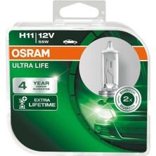 1001 Ampul Ultra Life H11 12V 55W Daha Uzun Kullanım Süresi, Ikili Kutu (2 Lamba) 64211ULT-HCB