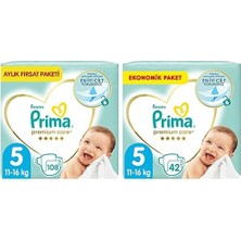 1001 Bebek Bezi Premium Care 5 Beden 108 Adet Junior Aylık Fırsat Paketi & Prima Bebek Bezi Premium Car