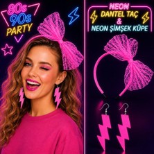 Küçük Hazine Neon Pembe Dantel Taç ve Şimşek Küpe 80'ler 90'lar Parti Seti