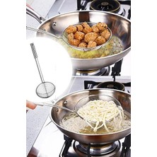 CATEKSSS Metal Haşlama Kızartma Yağ Kevgiri Servis Kevgiri Paslanmaz Kepçe Saplı Spagetti Kevgiri Çelik Bej