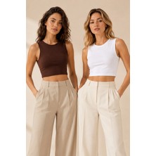 Loule Kadın %92 Pamuklu Bisiklet Yaka 2 Adet Kolsuz Crop Atlet - Esnek & Yumuşak Doku