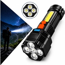 1001 5 LED + Cob Süper Parlak Şarjlı El Feneri 14 cm | 4 Modlu, Güçlü Işık, USB Şarjlı, Kamp, A