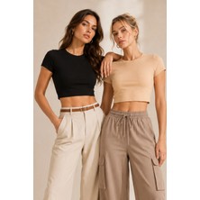 Loule Kadın %92 Pamuk Bisiklet Yaka Kısa Kollu 2 Adet Crop Top Atlet - Esnek & Yumuşak Doku