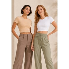 Loule Kadın %92 Pamuk Bisiklet Yaka Kısa Kollu 2 Adet Crop Top Atlet - Esnek & Yumuşak Doku