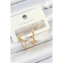 Armüz Pirinç Zirkon Taşlı Çiçek ve Ay Model Gold Renk 3'lü Çift Kadın Küpe Set