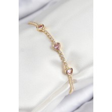 Armüz Pirinç Zirkon Taşlı Pembe Kalp Model Gold Renk Kadın Bileklik
