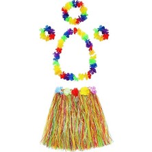Alka Yetişkin ve Çocuk Uyumlu Luau Aloha Hawaii Kolye Renkli Etek Taç ve Bileklik Seti