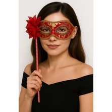 Alka Lüks Taşlı Saplı Maskeli Balo Maskesi Kırmızı Renk 35 cm