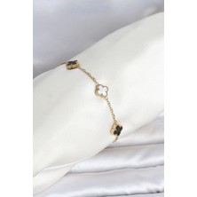 Armüz 316L Çelik Gold Renk Siyah Beyaz Baby Yonca Model Kadın Bileklik
