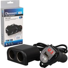 Akıllı Bayi Olesson 1641 12-24V Tek USB Girişli 120W 80CM Kablolu Dijital Voltaj Ekranlı 2’li Araç Çakmak Çoklayıcı