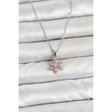 Armüz 316L Çelik Zincir Gümüş Renk Pembe Zirkon Taşlı Lotus Model Kadın Kolye
