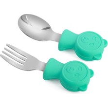 Valor Valkyrie 304 Çelik Panda Bebek Kaşık Çatal Setisilikon Saplı Bpa Içermez Ergonomik Kaymaz Yeşil