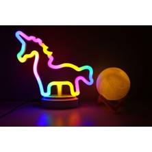 Valor Sevimli Renkli Neon Unicorn ve 3D Küre Stantlı, Pil + Kablo'lu Gece Lambası Çocuk Odası Festival Pa