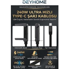 Valor 240W Ultra Hızlı Type-C Şarj Kablosu – 1.5m Örgülü, Katlanabilir Standlı Ergonomik Tasarım, Pd Hızl