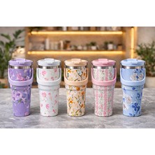 ÖNÇ - PRİME Çiçek Desenli 900 ml Taşıma Kulplu Paslanmaz Çelik Termos Mug Bardak