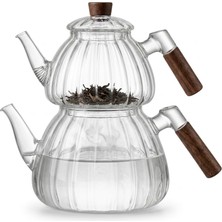 Valor Deconox Akasya Cam Çaydanlık Takımı 1500 ml + 600 ml - Ahşap Kulplu, Çizgili Tasarım Isıya Dayanıkl