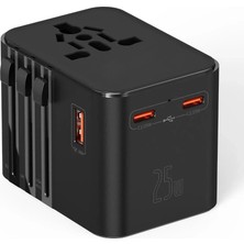 ÖNÇ - PRİME 25W Evrensel Seyahat Adaptörü, Eu/us/uk/au Priz Dönüştürücü, 1x Usb, 2x Type-C Hızlı Şarj
