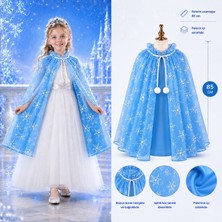 ÖNÇ - PRİME Kar Tanesi Desenli Mavi Elsa Pelerini - Astarlı Frozen Pelerini 85 cm