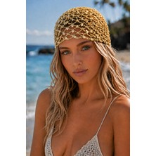 Tom Company Gold-Pullu Payet Işlemeli Simli Örgü Bohem Saç Aksesuarı File Yazlık Bere Şapka & Bandana