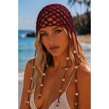 Tom Company-Bordo-Boncuklu Örgü Bohem Saç Aksesuarı File Yazlık Bere Şapka & Bandana