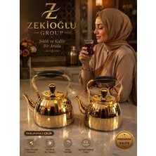 Muhtelif Zekioğlu 2 L 3 L Çaydanlık Takımı Altın Gold Paslanmaz Çelik Çaydanlık Aynalı Gövde Ergonomik Sap 5 Katmanlı Kapsül Taban Ithal Demlik Çaydanlık