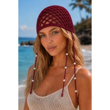 Tom Company-Bordo-Inci Boncuklu Örgü Bohem Saç Aksesuarı File Yazlık Bere Şapka & Bandana