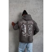 Tarz Yeri Erkek 3 İplik Pamuklu Kapüşonlu Baskılı Cepli Oversize Sweatshirt Hoodie - Gri