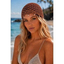 Tom Company-Kahverengi-Inci Işlemeli Örgü Bohem Saç Aksesuarı File Yazlık Bere Şapka & Bandana