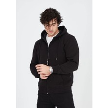 Velmora Fashion Erkek 3 İplik Pamuklu Kapüşonlu Tam Fermuarlı Cepli Hoodie Sweatshirt - Siyah