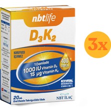 Nbt Life D3K2 - Vitamin D3 1000 Iu ve Vitamin K2 (Mk-7) - Kemik, Diş ve Bağışıklık Desteği - 20 ml - 3 Adet (Toplam 60 Ml)