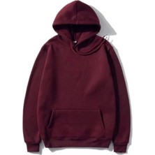 Velmora Fashion Kadın 3 Iplik Pamuklu Kapüşonlu Kanguru Cepli Düz Hoodie Sweatshirt - Bordo