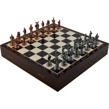 Meks Gifthome Orta Boy Metal Ispanyol Satranç Takımı Antik ve Ceviz Desenli Sandıklı Mdf Tahtası (36X36X