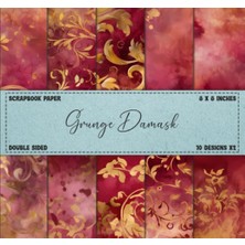 Meks Grunge Damask Scrapbook Paper: Cranberry & Gold Colored Patterns, Double Sided 8 x 8" Designs