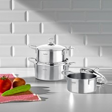Meks Nehir Silver 6 Parça Paslanmaz Çelik Mini Tencere Seti (12-14-16 Cm)