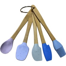 Meks Silikon Kaşık Seti, Bambu Saplı, Mavi ve Mor Renkli, 5 Parça, Spatula ve Fırça Dahil