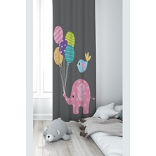Meks Pelangi Fil ve Balon Desenli Dijital Baskı Yıkanabilir Bebek Çocuk Odası Fon Perdesi, Füme 140 x 24