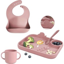 Meks Meleni Baby 4'lü Silikon Beslenme Seti- 3 Bölmeli Beslenme Tabağı- Kaşık - Önlük- Bardak - Pembe